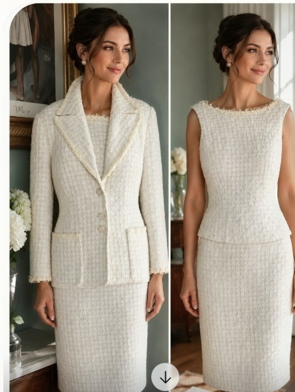 Escada 8 Ivory White Cream Eyelash Trim Iridescent 3Pc Skirt Suit Quiet Luxury